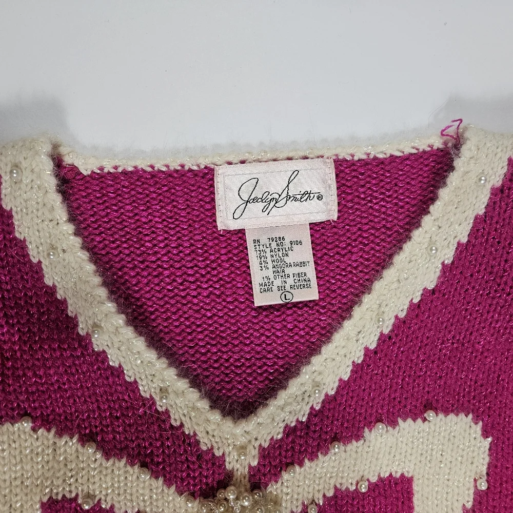 Vintage Jaclyn Smith Hot Pink White Bow Sweater Sz L Pearl Bead Granny Coquette - Picture 10 of 16